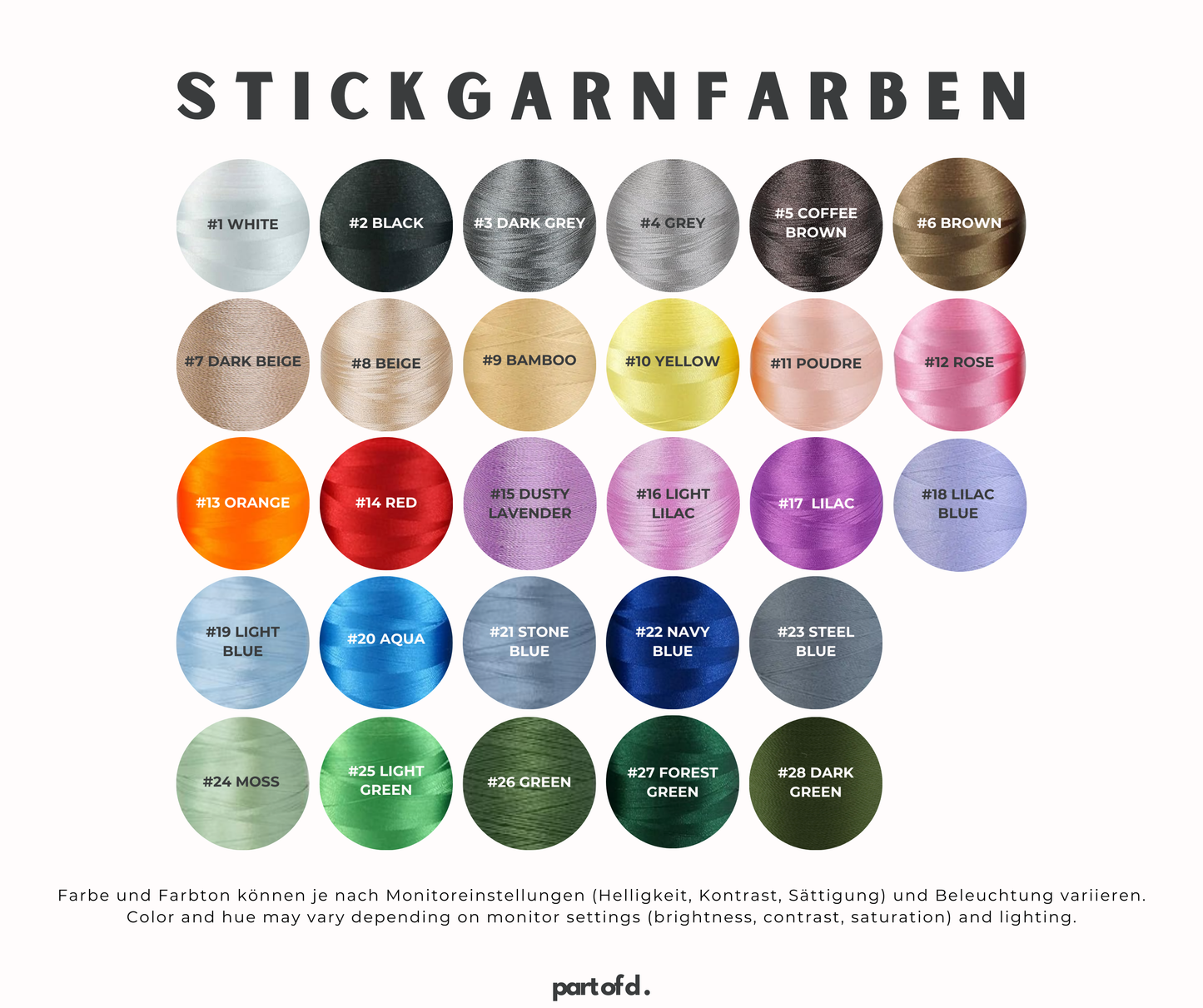 Übersicht über Stickgarnfarben von partofd. mit 28 verschiedenen Farbtönen. Die Farben sind nummeriert und benannt, darunter Weiß, Schwarz, Grau, Braun, Beige, Gelb, Orange, Rot, verschiedene Lila- und Blautöne sowie Grüntöne. Farbabweichungen können je nach Monitoreinstellung und Beleuchtung auftreten.