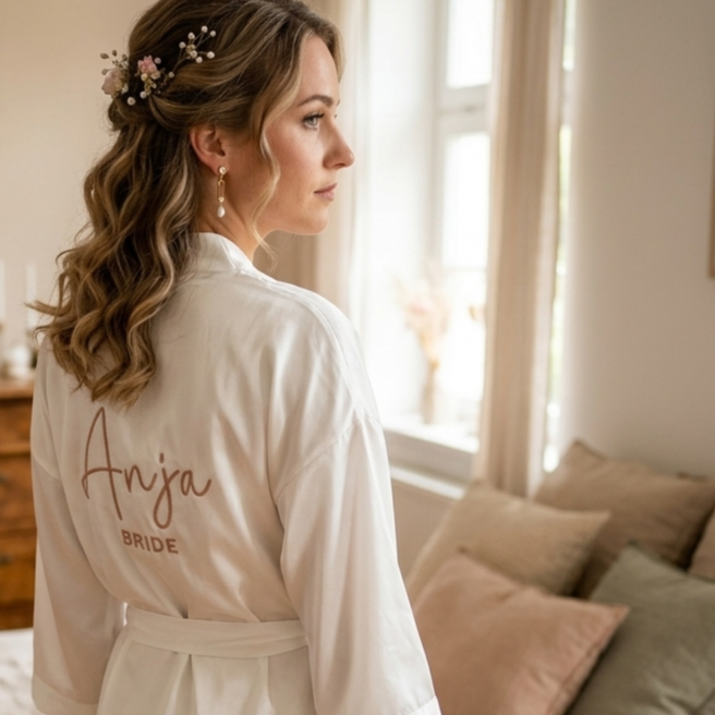 Ein personalisierter Morgenmantel für die Braut Anja. Die Stickerei ist hinten auf dem Rücken. 