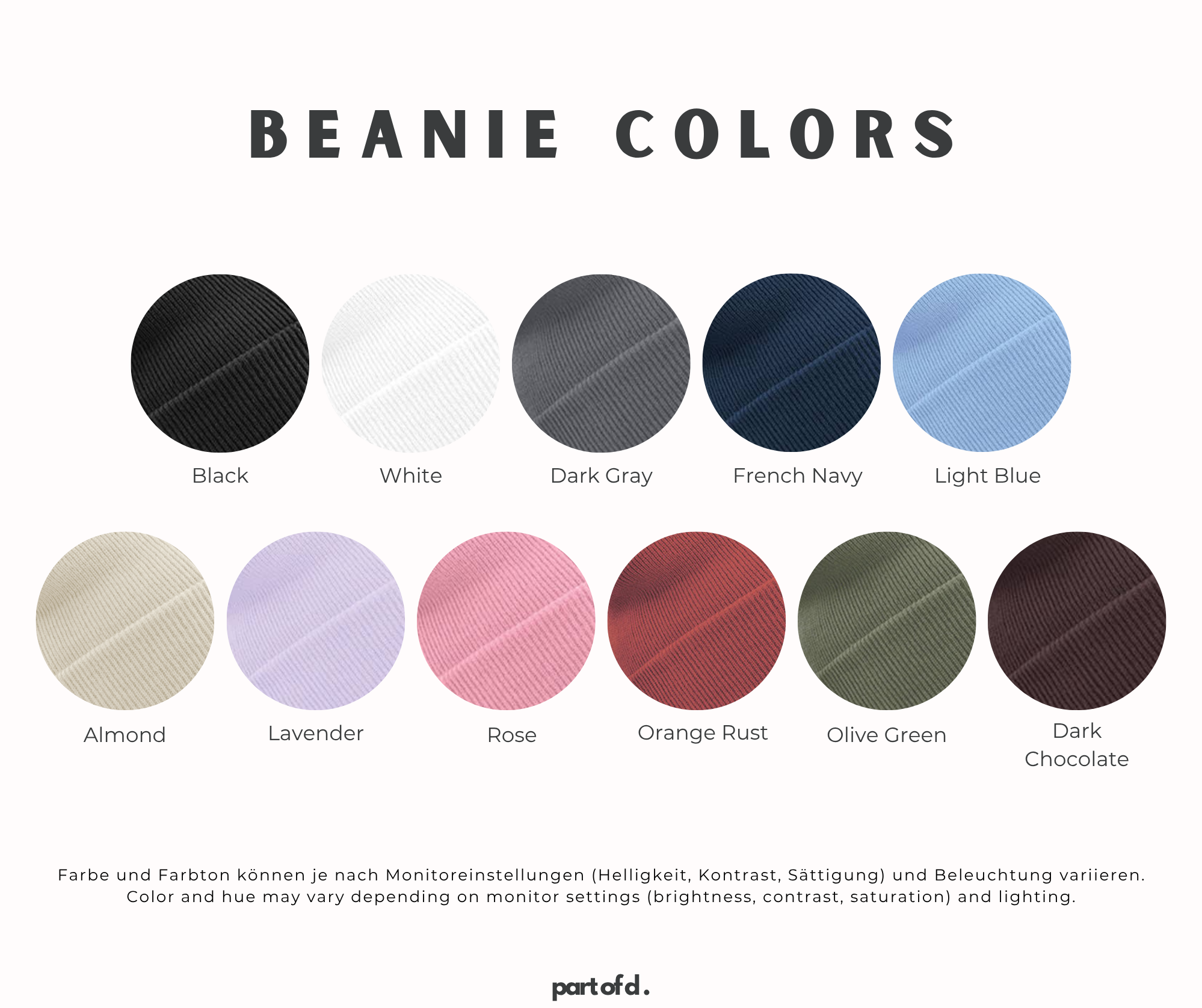 Elf verschiedene Farben gibt es von den Beanie Mützen. Von Schwarz über Lavender bis hin zu Olive Green ist alles dabei.