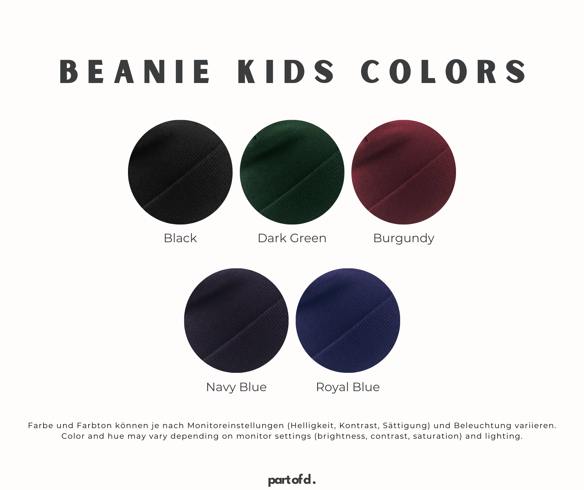 5 verschieden farbige Mützenfarben für Kinder: schwarz, dark green, burgundy, navy blue und royal blue.