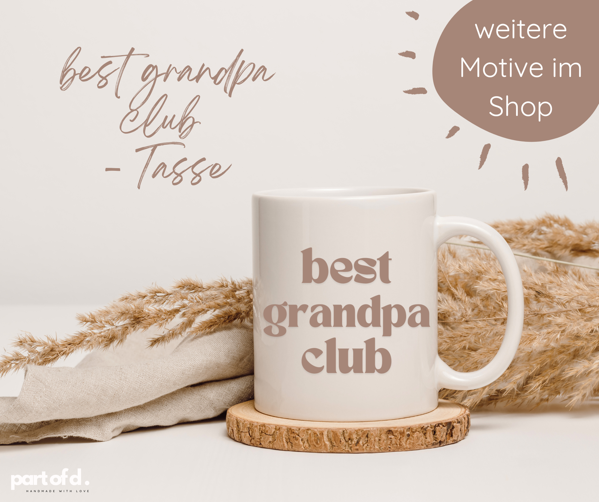 Keramiktasse mit dem Aufdruck Best Grandpa Club. Die Tasse hat einen weißen Untergrund und eine beige Schrift. Weitere Motive gibt es bei mir im Shop.