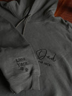 Ein Hoodie in der Farbe Dark Grey mit einer Stickerei in der Farbe Schwarz: Dad est. 2013. Auf dem rechten Ärmel sind zwei Kindernamen und zwei Pfoten gestickt: Lina und Yara.