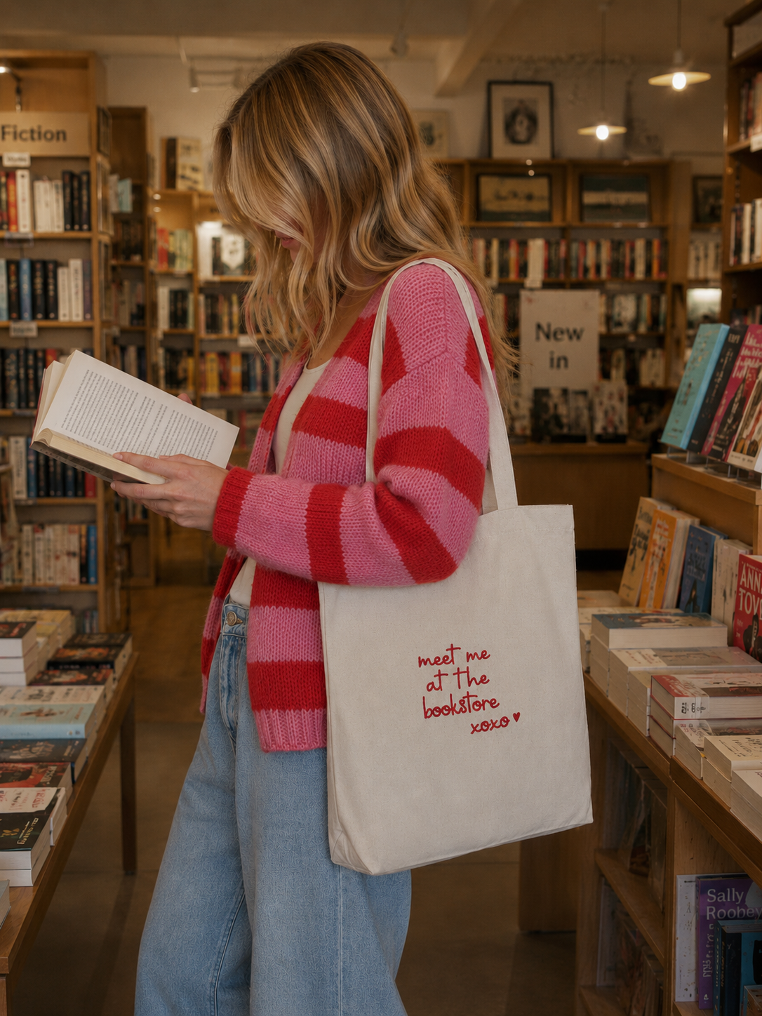 Frau in rosa-rotem Cardigan stöbert mit Jutebeutel in gemütlicher Buchhandlung durch ein Buch.