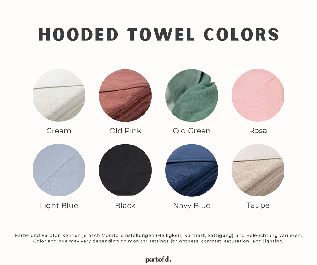 Das Kapuzenhandtuch (Hooded Towel) hat acht verschiedene Farben. Von Cream bis hin zu Navy Blue. Die Farben können je nach Belichtung und Monitoreinstellung variieren.