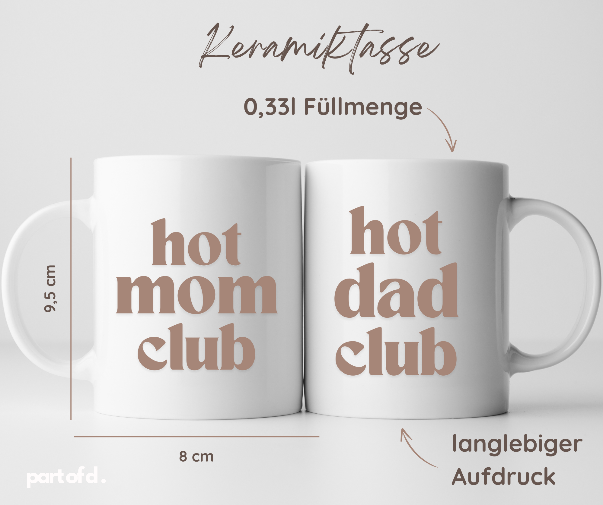 Die Keramiktasse kann man mit verschiedenen Aufdrucken bestellen. Die Tasse hat eine Füllmenge von 0,33l. Sie ist 8cm breit und 9,5cm hoch. Der Aufdruck ist langlebig.