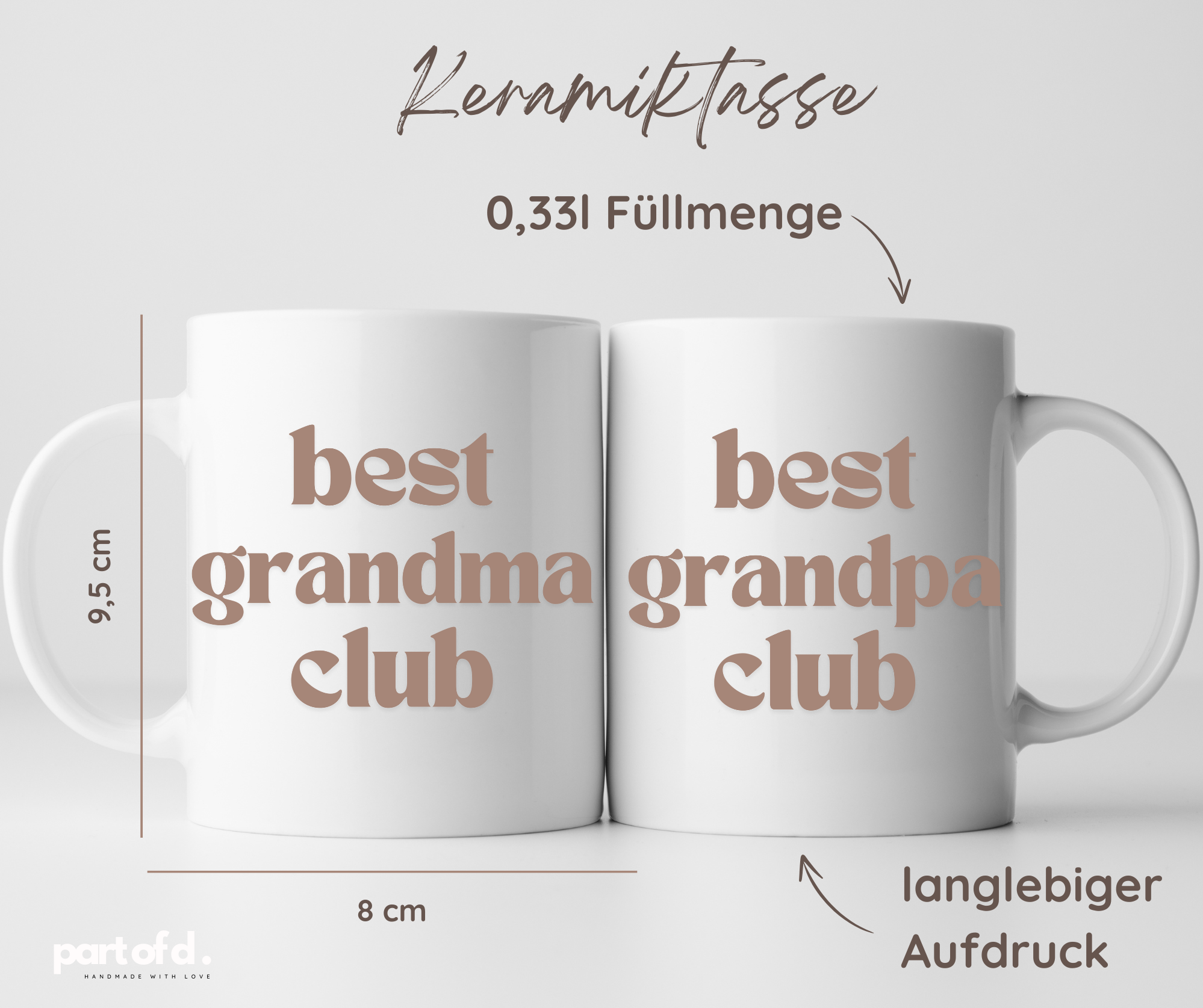 Die Keramiktasse kann man mit verschiedenen Aufdrucken bestellen. Die Tasse hat eine Füllmenge von 0,33l. Sie ist 8cm breit und 9,5cm hoch. Der Aufdruck ist langlebig.