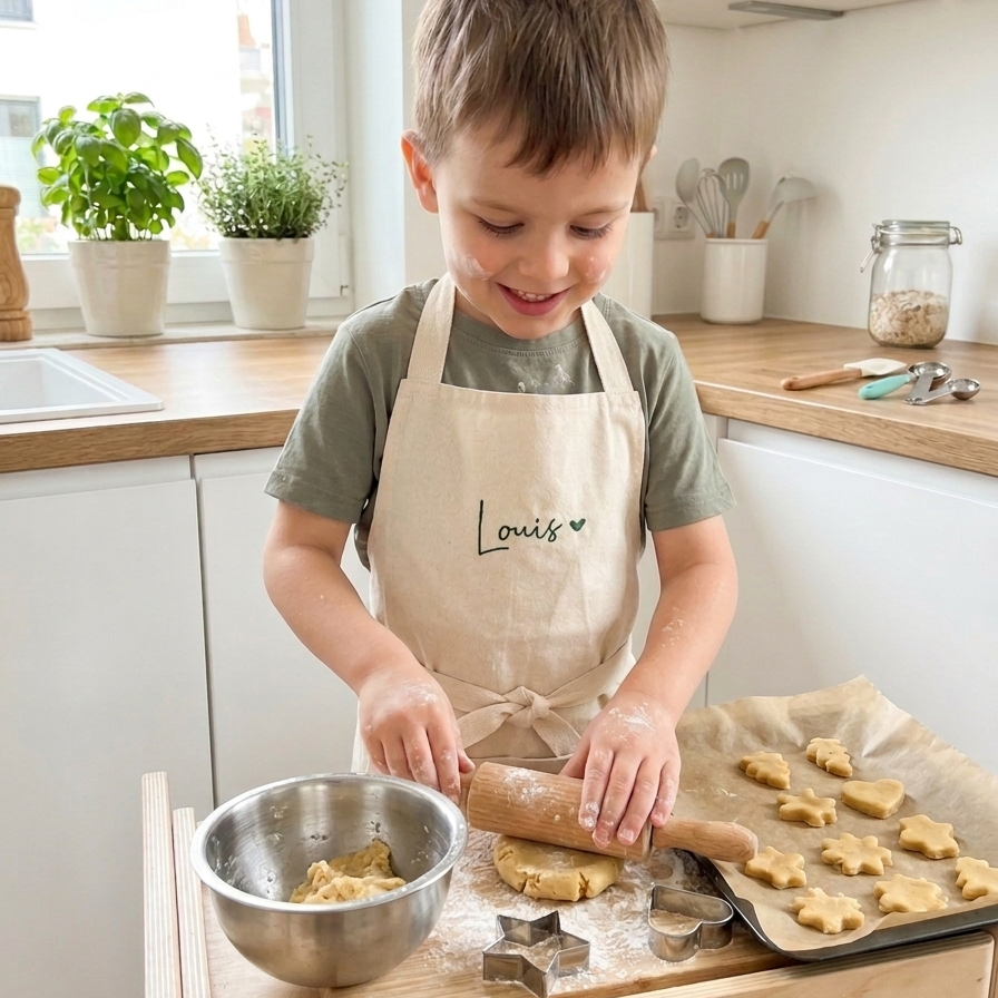 Ein kleiner Junge mit braunen Haaren steht freudestrahlend in einer hellen, modernen Küche an einem Lernturm aus Holz. Er trägt ein olivgrünes T-Shirt und darüber eine cremefarbene Kinderschürze aus festem Stoff. Auf der Brust der Schürze ist der Name „Louis“ mit einem kleinen grünen Herz in einer dunkelgrünen Schreibschrift eingestickt.