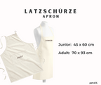 Die Schürzen gibt es in zwei verschiedenen Größen: Junior 45x60cm und Adult 70x93cm.