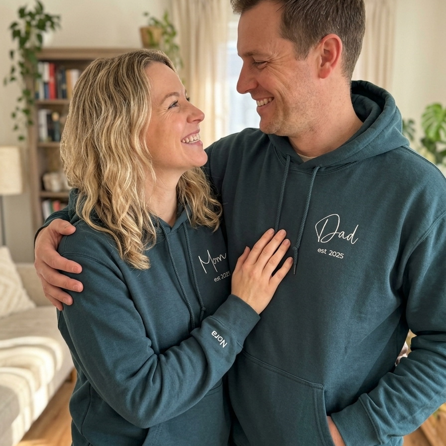 Zwei Eltern, die einen personalisierten Hoodie mit Mom & Dad tragen.