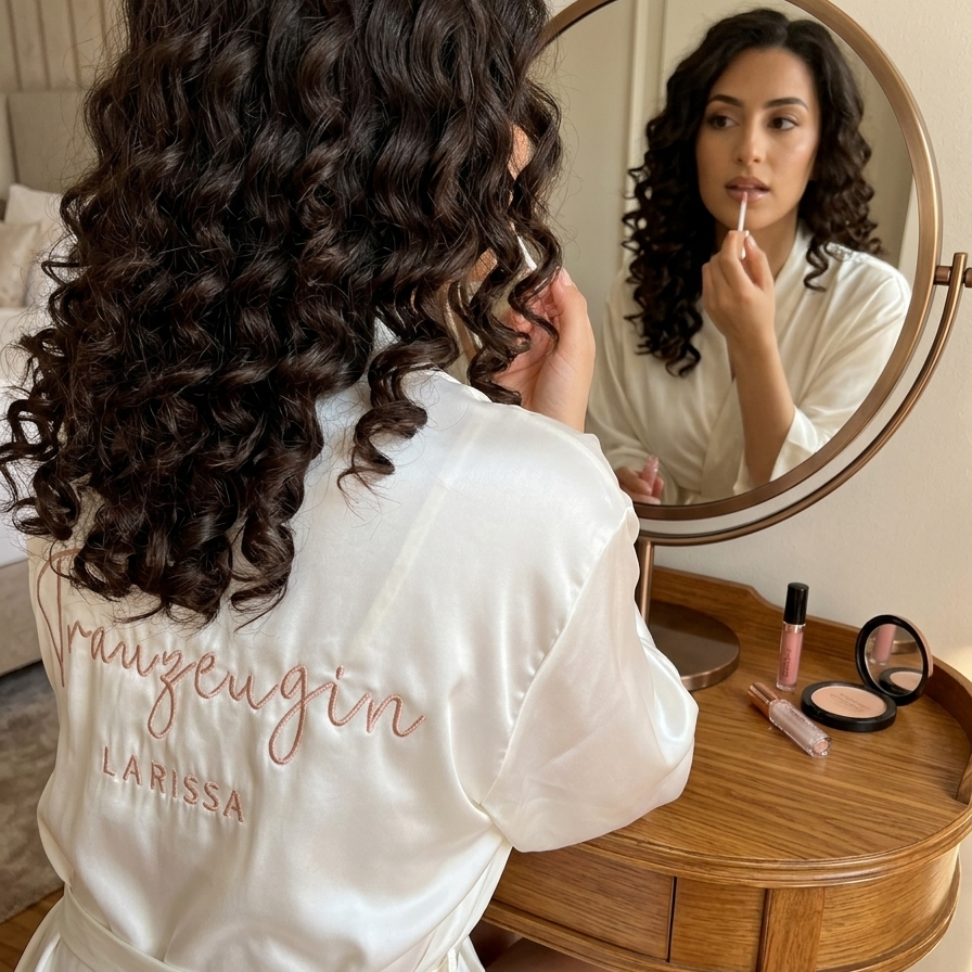 Ein personalisierter Satin-Morgenmantel für eine Trauzeugin Larissa.