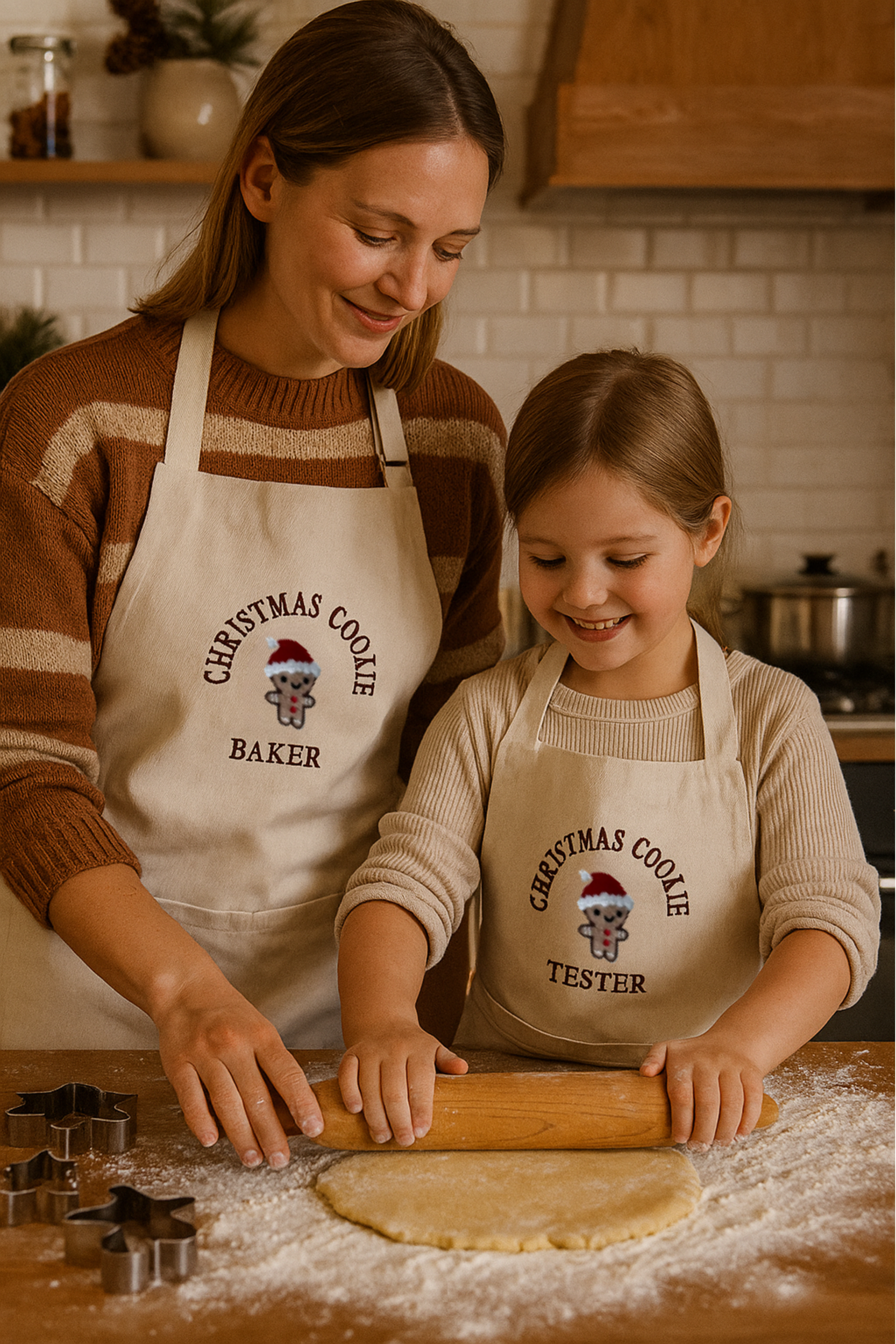Eine Mutter mit einer Tochter, die beide in der Küche backen. Beide tragen eine Schürze mit dem Stick "Christmas Cookie Baker" und "Christmas Cookie Tester".