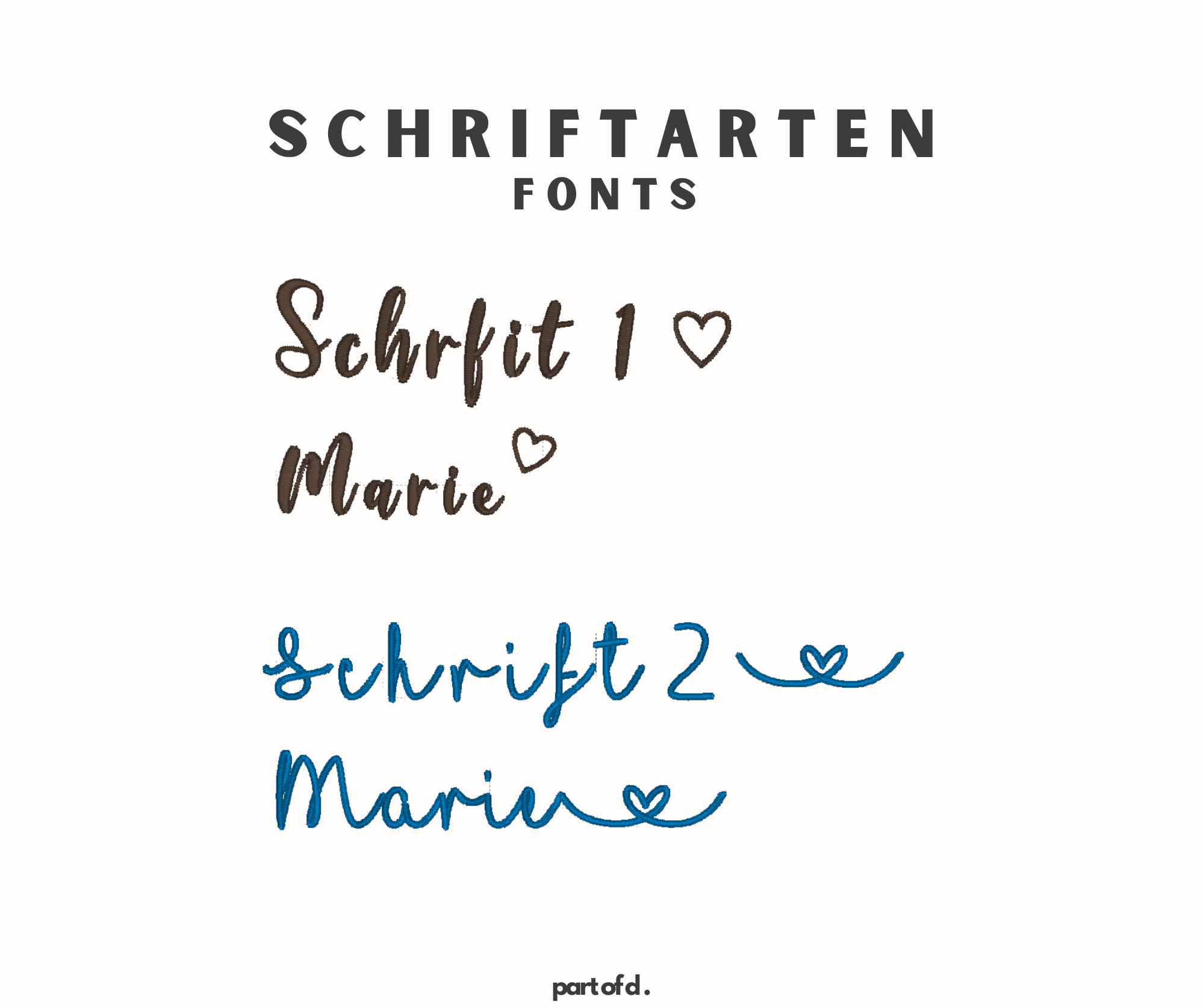 Die zwei Schriftarten mit Beispieltext für die Musselin Spucktücher. Es ist ebenfalls ein Herz dabei.