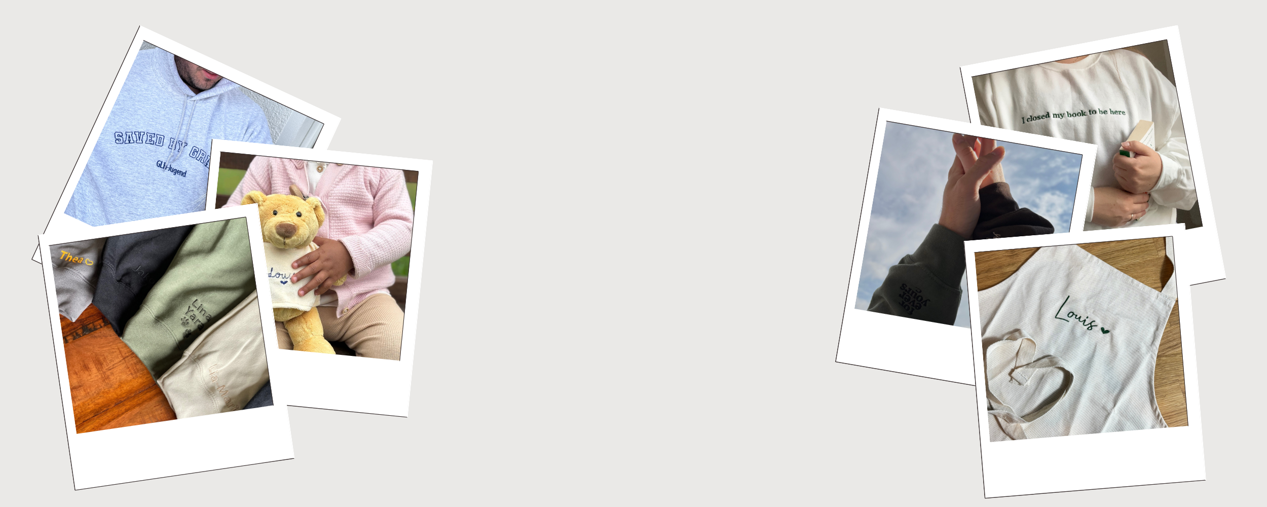 Sechs Polaroidbilder mit personalisierten Einzelstücken wie z.B. ein Teddybär, Ärmelstick und Pullover auf einem beigen Hintergrund. 