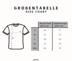 Übersicht der Größen von einem T-Shirt in einer Tabelle von S bis XXL. Zusätzlich eine schematische Skizze zur Veranschaulichung der Maße: Brust (A) und Länge (B).