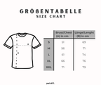 Übersicht der Größen von einem T-Shirt für Kinder in einer Tabelle von S bis XXL. Zusätzlich eine schematische Skizze zur Veranschaulichung der Maße: Brust (A) und Länge (B).