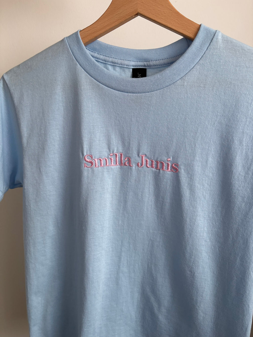 Ein Kinder T-Shirt in light blue mit einem rosa Stick "Smilla Junis".