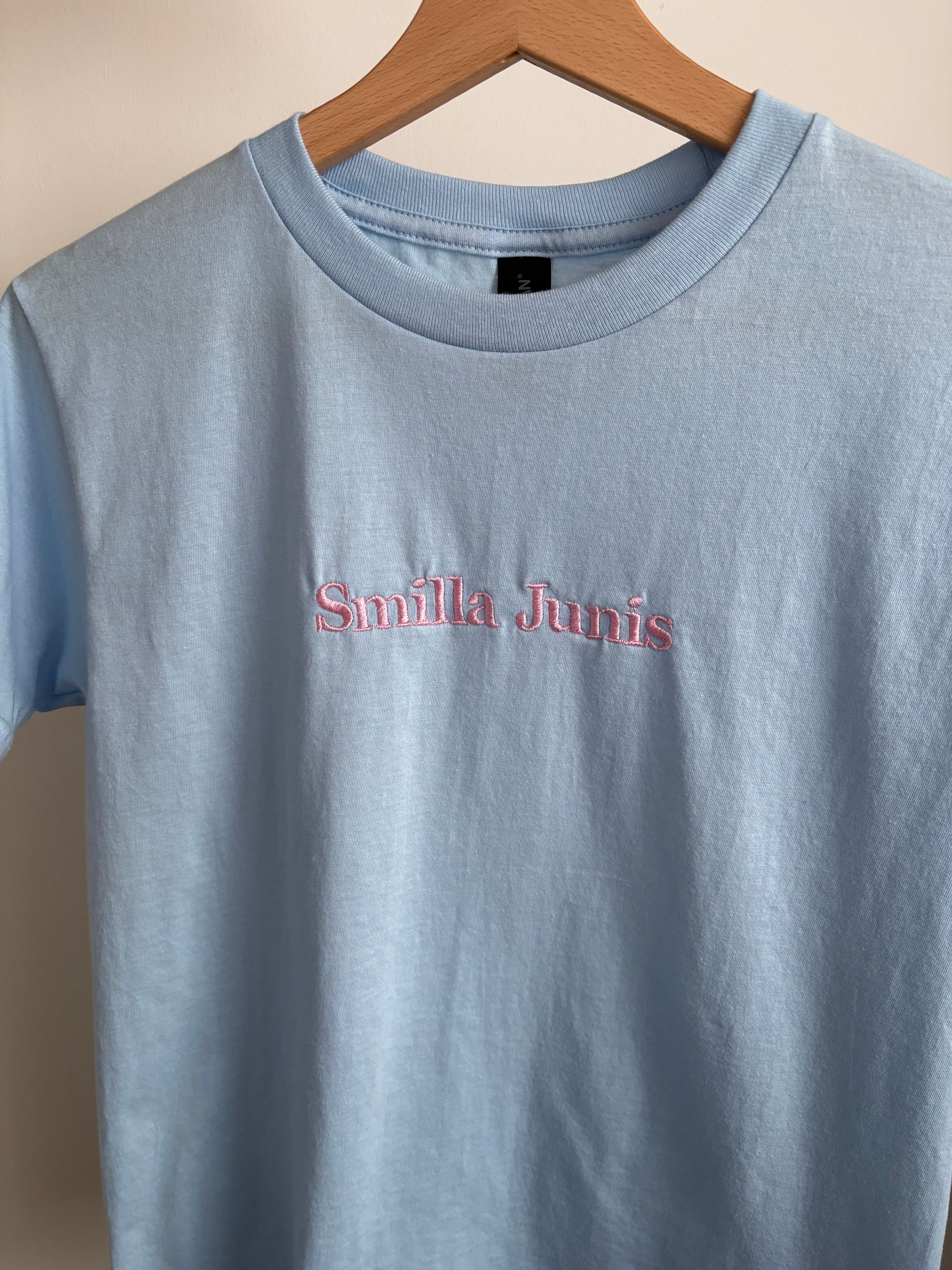 Ein Kinder T-Shirt in light blue mit einem rosa Stick "Smilla Junis".