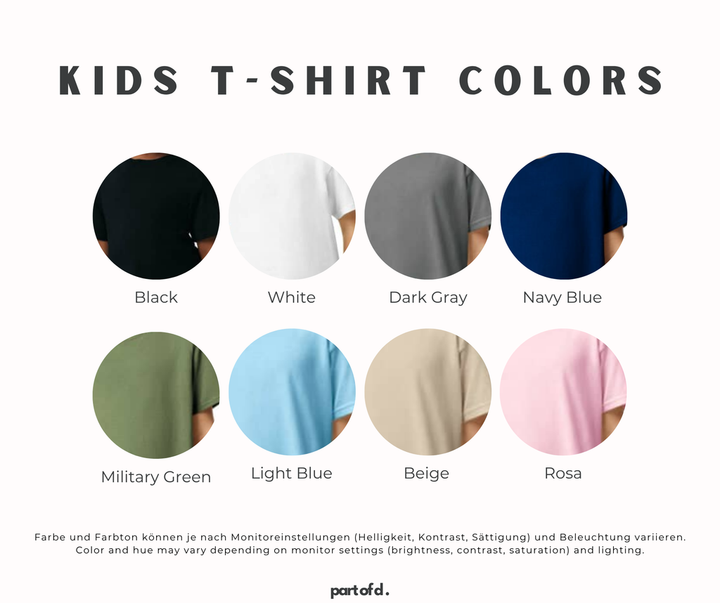 Übersicht über T-Shirt-Farben für Kinder und Größen von partofd. Verfügbare Farben: Schwarz, Weiß, Navyblau, Militärgrün, Dunkelgrau, Hellblau, Rosa und Beige. Farbabweichungen können je nach Monitoreinstellung auftreten.
