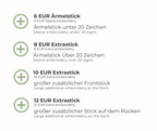 Es gibt vier Optionen für den Zusatzstick. 6 EUR Ärmelstick, 8 EUR Extrastrick, 10 EUR Extrastick und 12 EUR Extrastick. 